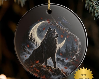 Moonlit Wolf Raven Ornament | Ceramic Decoration Ornament