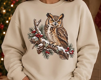 Winter Owl Sweatshirt, Great Horned Owl Crewneck Cozy Woodland Wildlife Sweater
