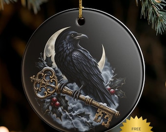 Gothic Raven Skeleton Key Ornament Christmas Decor, Dark Academia Decor, Victorian Crow Gift