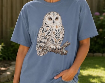 Folk Art Owl Comfort Colors T-Shirt Botanical Woodland Bird Graphic Tee Scandinavian Art