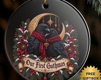 Gothic Couple Christmas Ornament, Ravens, Crescent Moon, First Holiday Together