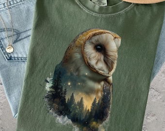 Schleiereulen-Wald-Shirt, himmlischer Nachthimmel, Eulen-T-Shirt, Geschenk für Naturliebhaber, Waldtier-Ästhetik, Vintage-Wildtiere, Forestcore-Grafik-Top