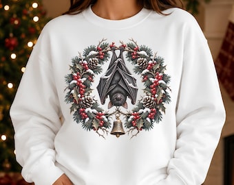 Gothic Christmas Bat Hoodie, Crewneck or Tshirt- Dark Holiday Graphic Tee