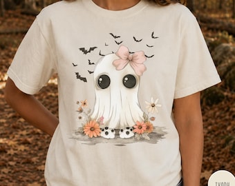 Ghost Comfort Colors Shirt, Spooky Season Halloween Tee, Floral Ghost Graphic T-Shirt