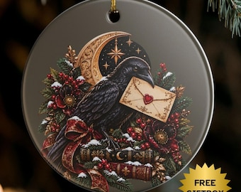 Dark Academia Raven Ornament, Celestial Gothic Holiday Decor, Winter Botanicals (Giftbox)