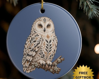 Folk Art Owl Christmas Ornament, Nordic Woodland Bird, Rustic Botanical Tree Decoration