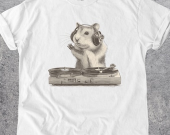Hamster DJ Shirt Lustiges Tier Musik Kunst Plattenspieler Kopfhörer Folk Art Hamster Design Geschenk für Musikliebhaber DJs Produzenten Lehrer Studenten