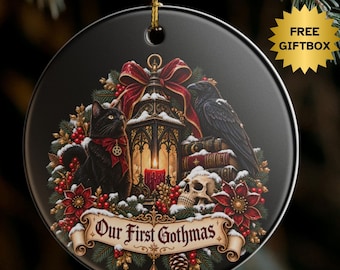 Our First Gothmas Ornament, Black Cat Raven, Dark Academia Christmas Decor