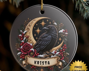 Personalized Raven Ornament: Gothic Christmas Decor, Custom Name Gift