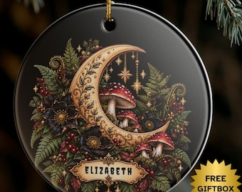 Personalized Crescent Moon Mushroom Ornament, Custom Name Ornament, Celestial Botanical Gift