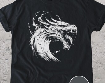 Roaring Dragon Head Ink Line Art Fantasy Graphic T Shirt Gothic