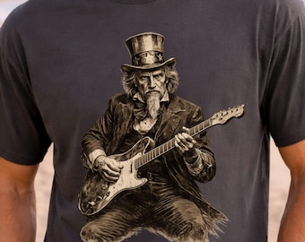 Camiseta de guitarra del tío Sam, camiseta de rock patriótico, diseño vintage inspirado en la bandera estadounidense, regalo para amantes de la música de EE. UU., atuendo del 4 de julio, historia, humor.