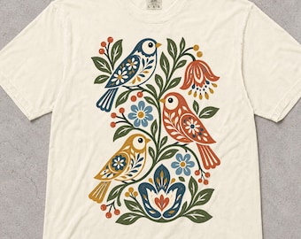 Vintage Scandinavian Folk Art Bird Shirt Comfort Colors Floral Graphic Tee Retro Botanical