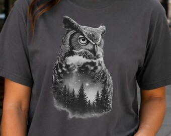 T-shirt Woodland Comfort Colors avec un hibou grand duc : T-shirt à imprimé animal de la forêt céleste