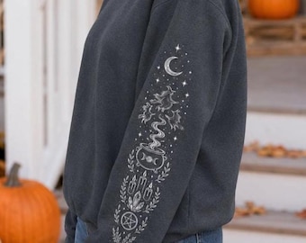 Witchy Sleeve Sweatshirt: Moon, Cauldron, Crystal Pagan Gothic Tee