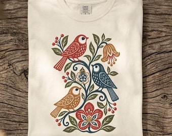 Vintage Scandinavian Folk Art Bird Shirt Comfort Colors Floral Graphic Tee Retro Botanical