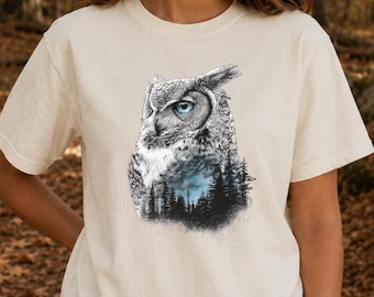 T-shirt Hibou grand-duc ciel nocturne : T-shirt graphique faune des bois