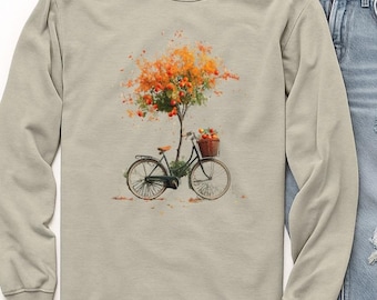 Autumn Bicycle Tree Comfort Colors Shirt, Cottagecore Fall Nature Lover Long Sleeve