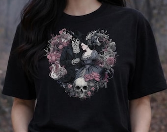 Gothic Skeleton Couple Heart Shirt: Victorian Romance, Roses, Skulls – Alternative Style