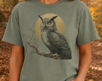 T-shirt Hibou grand-duc : illustration animalière vintage, motif Lune en forêt