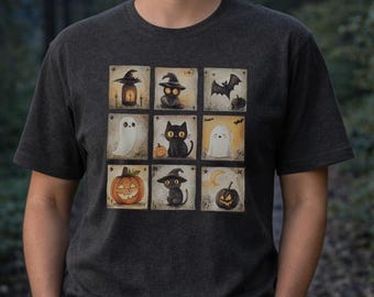Vintage Halloween Stamp T-Shirt: Witchy Cat & Ghost Design Pumpkin Shirt Fall Gifts