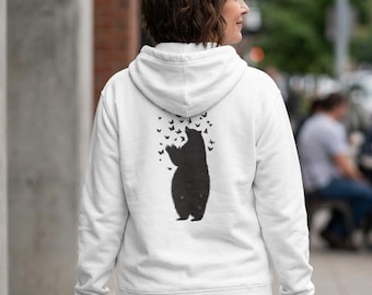 Bear and Butterflies Back Print Hoodie, Nature Forest Wildlife Graphic Zip Front Sweatshirt
