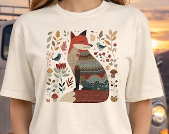 Vintage-Shirt mit Fuchs- und Blumenmuster im skandinavischen Wald-Stil