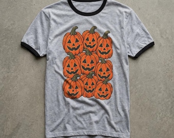 Stacked Jack-o'-Lanterns T-Shirt | Halloween Pumpkin Ringer Tee