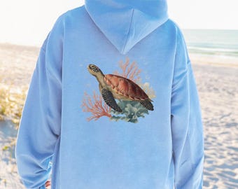 Felpa con cappuccio con grafica tartaruga marina: barriera corallina, regalo per gli amanti della spiaggia