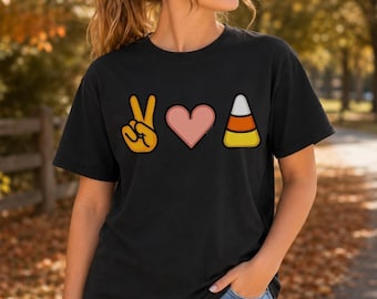 Peace Love Candy Corn Halloween T-Shirt, Fall Spooky Season Apparel