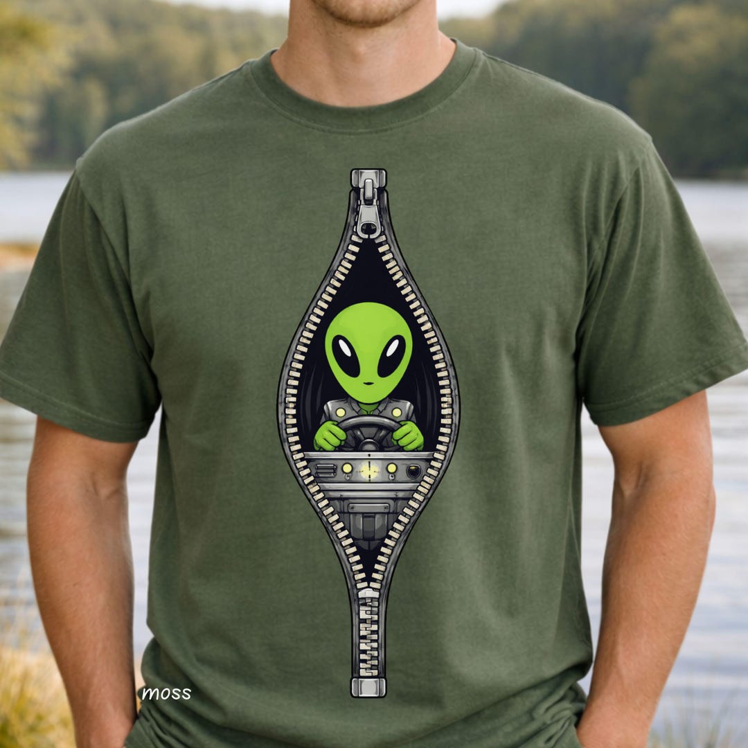 Alien Driving Human Zipper Graphic Long Short Sleeve Tee Sci Fi Shirt ...