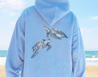 Sudadera con capucha y estampado de tortuga marina: comodidad costera, regalo para los amantes del océano