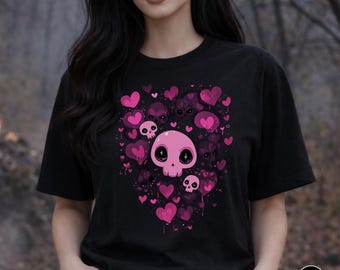 Comfort Colors Pink Skull Shirt Whimsigoth Hearts Dark Valentine Alternative Gift