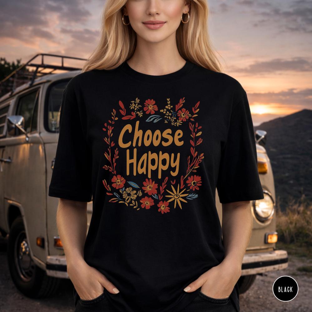 Choose Happy Shirt 70's Retro Floral Positive Graphic Comfort