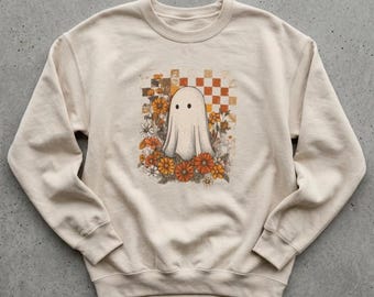 Vintage Checkerboard Ghost sweatshirt | Halloween floral autumn design