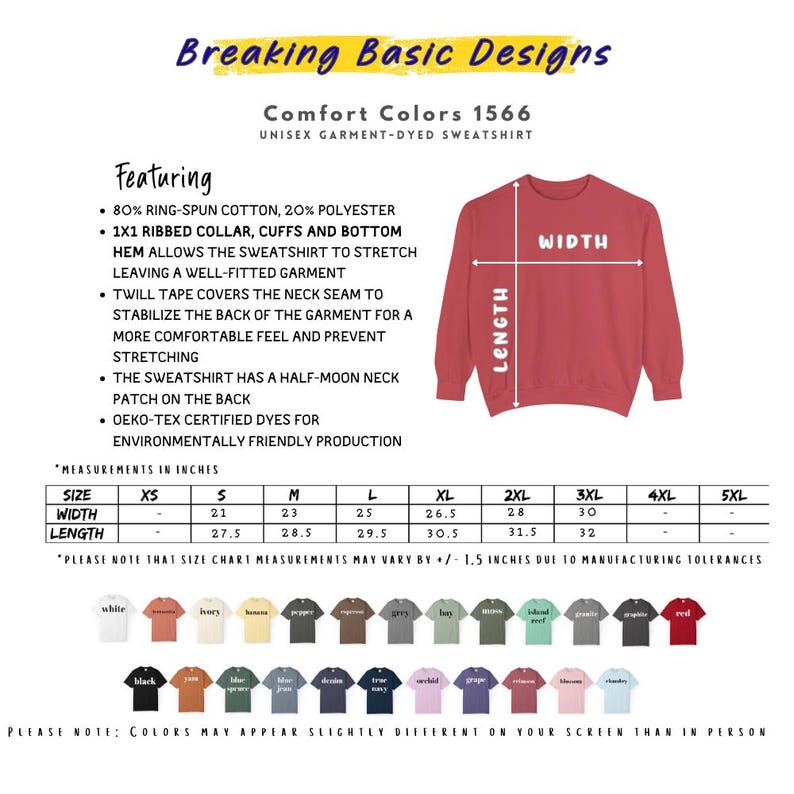 K&ouml;nnte beinhalten: Ein rotes Unisex-Garment-Dyed-Sweatshirt mit Gr&ouml;&szlig;entabelle und Farbauswahl. Das Sweatshirt hat einen gerippten Kragen, B&uuml;ndchen und Saum und besteht aus 80 % ringgesponnener Baumwolle und 20 % Polyester. Der Text "Breaking Basic Designs" steht oben.