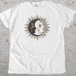Sun and Moon Face Graphic Tee: Celestial Duality Shirt