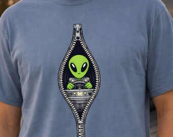 Alien Driving Human Zipper Graphic Long Short Sleeve Tee Sci Fi