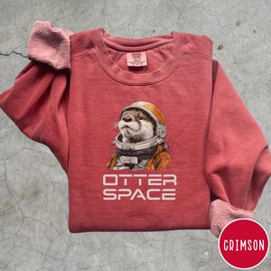 May include: Crimson-colored sweatshirt featuring an otter wearing a space helmet. The text "OTTER SPACE" is printed below the otter illustration. The sweatshirt has a crew neck and long sleeves with rolled-up cuffs.