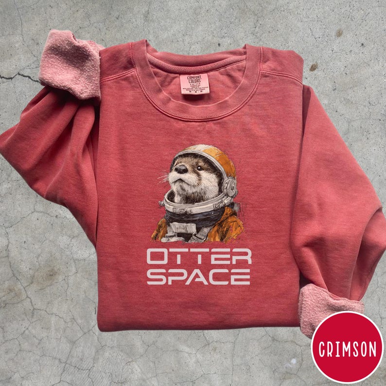 May include: Crimson-colored sweatshirt featuring an otter wearing a space helmet. The text "OTTER SPACE" is printed below the otter illustration. The sweatshirt has a crew neck and long sleeves with rolled-up cuffs.
