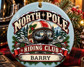 Personalized North Pole Riding Club Ornament, Custom Biker Mechanic Gift (Ceramic)