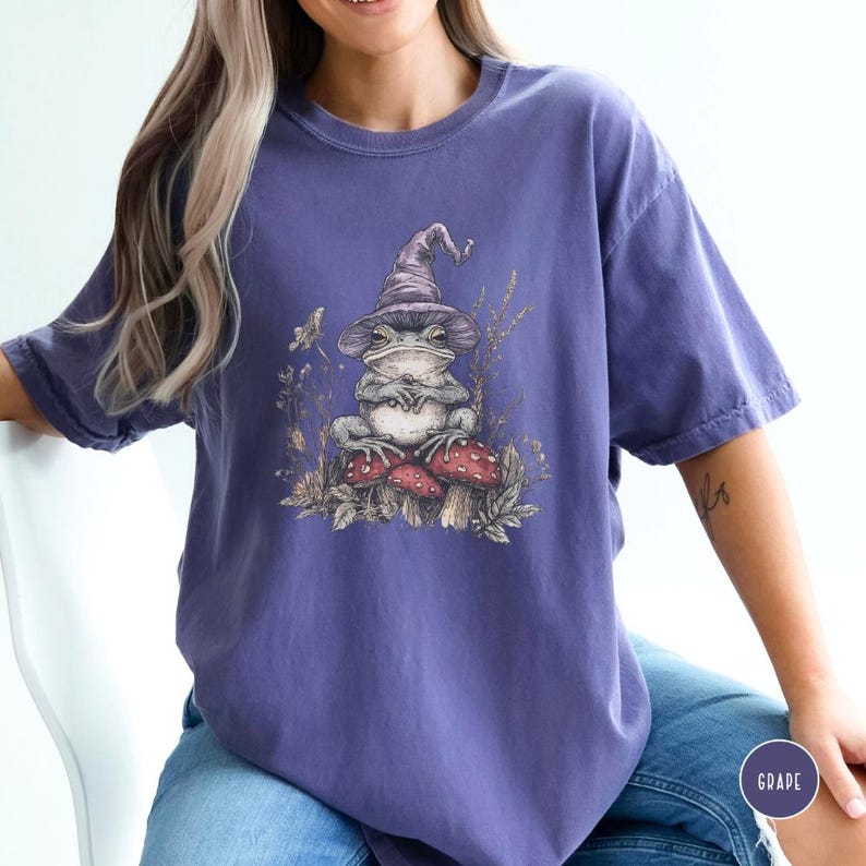 Vintage Frosch-Zauberer-T-Shirt: Comfort Colors Verspieltes Goblincore-T-Shirt, skurriles Tier-T-Shirt Bild 7