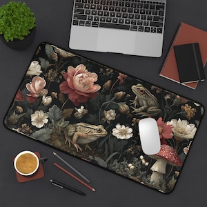 Dark Cottagecore Desk Mat: Wildflowers, Frogs, Neoprene XL Gaming Pad
