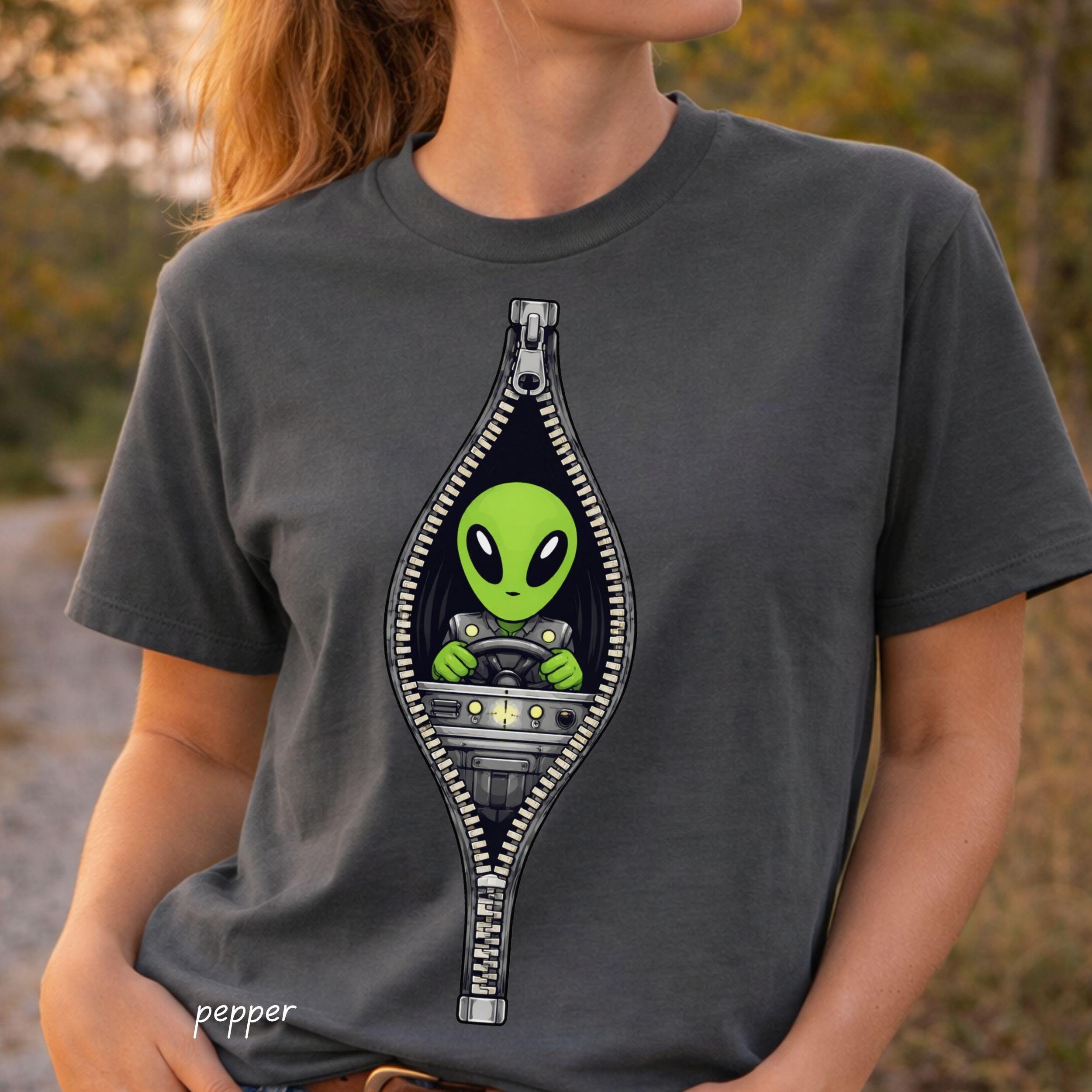 Alien Driving Human Zipper Graphic Long Short Sleeve Tee Sci Fi