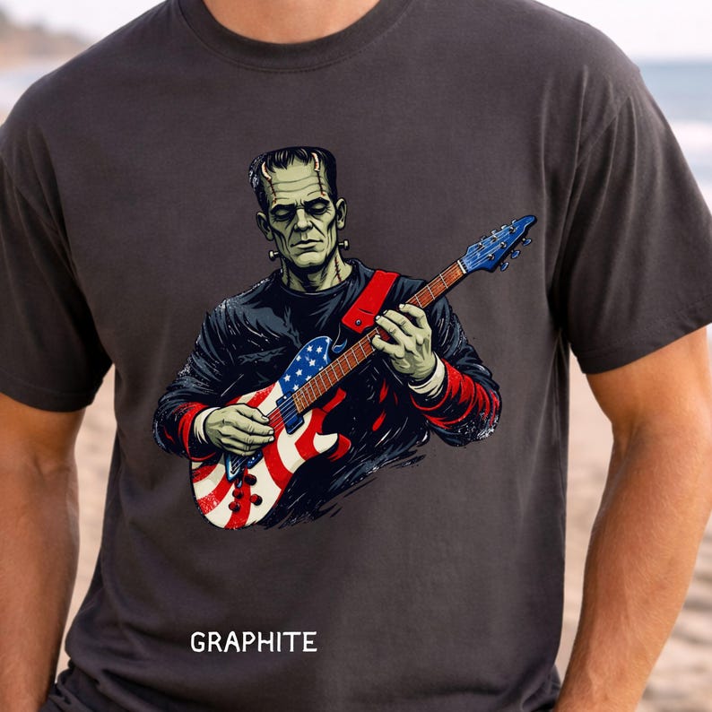 Frankenstein Patriotic Guitar Comfort Colors Shirt: Vintage Horror Rock ...