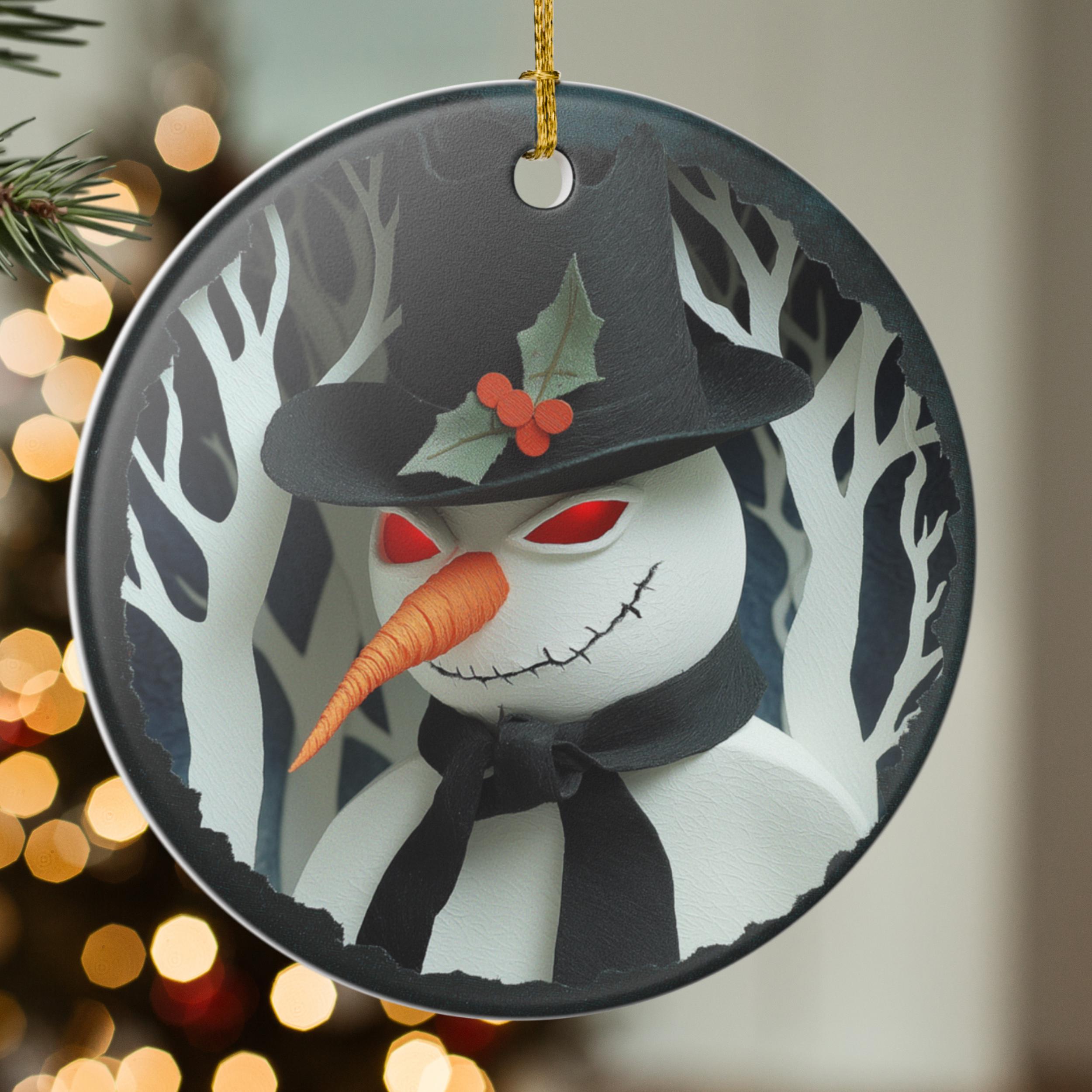 Gothic Snowman Ceramic Ornament: Spooky Holiday Tree Decoration