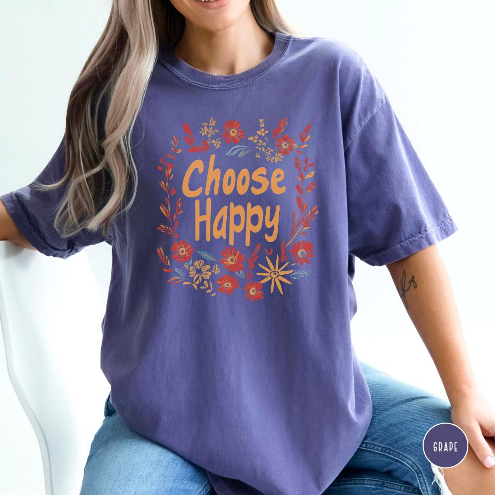 Choose Happy Shirt 70's Retro Floral Positive Graphic Comfort