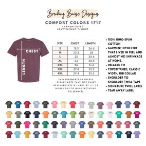 K&ouml;nnte beinhalten: Ein weinrotes Comfort Colors Heavyweight T-Shirt mit einer Gr&ouml;&szlig;entabelle, die Brust- und L&auml;ngenma&szlig;e in Zoll anzeigt. Das Shirt hat eine entspannte Passform, einen Rippenkragen und ein herausrei&szlig;bares Etikett. Der Text auf dem Shirt lautet "Breaking Baise Designs".