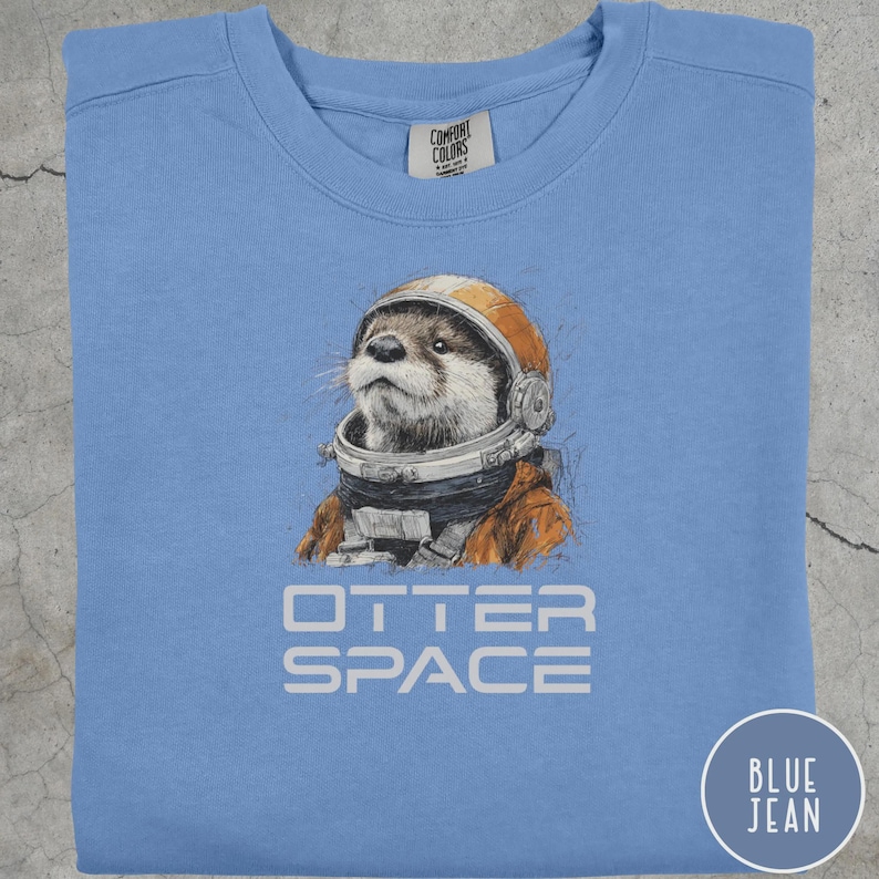 K&ouml;nnte beinhalten: Hellblaues Sweatshirt mit einem Aufdruck eines Otters mit orangefarbenem Astronautenhelm und -anzug. Darunter steht der Text "OTTER SPACE". Das Sweatshirt hat einen Rundhalsausschnitt und ein Etikett mit der Aufschrift "COMFORT COLORS".