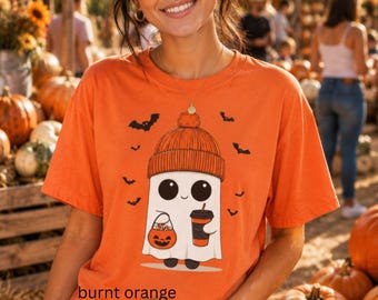 Ghost in Beanie Halloween Shirt, Autumn Coffee Lover Tee, Spooky Season Apparel